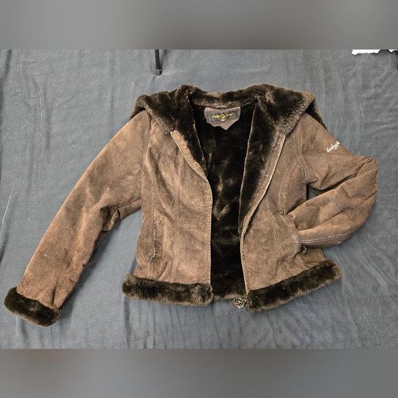Baby fat brown suede faux fur lined jacket/coat size large - Picture 10 of 15